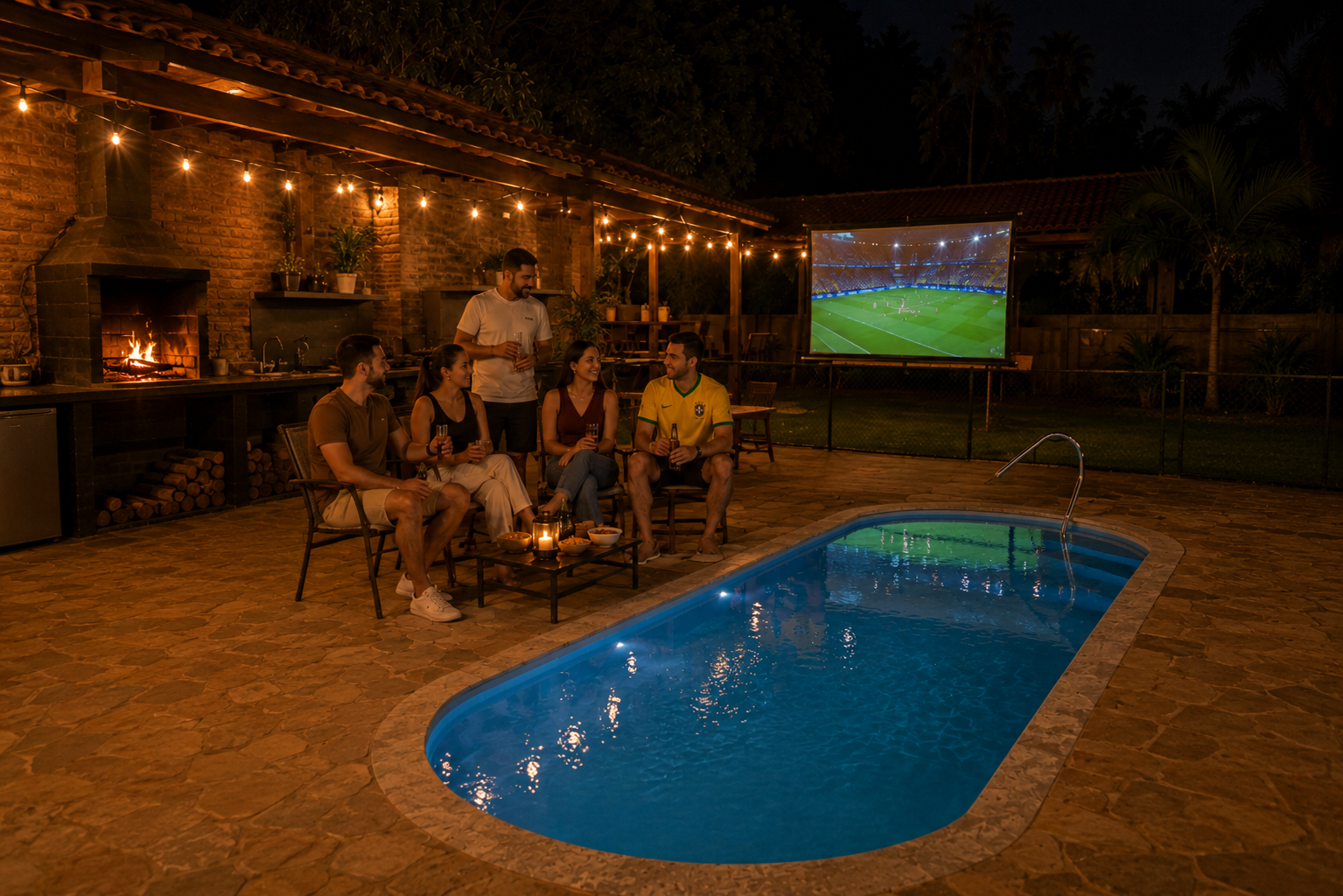 Família reunida ao redor da piscina
