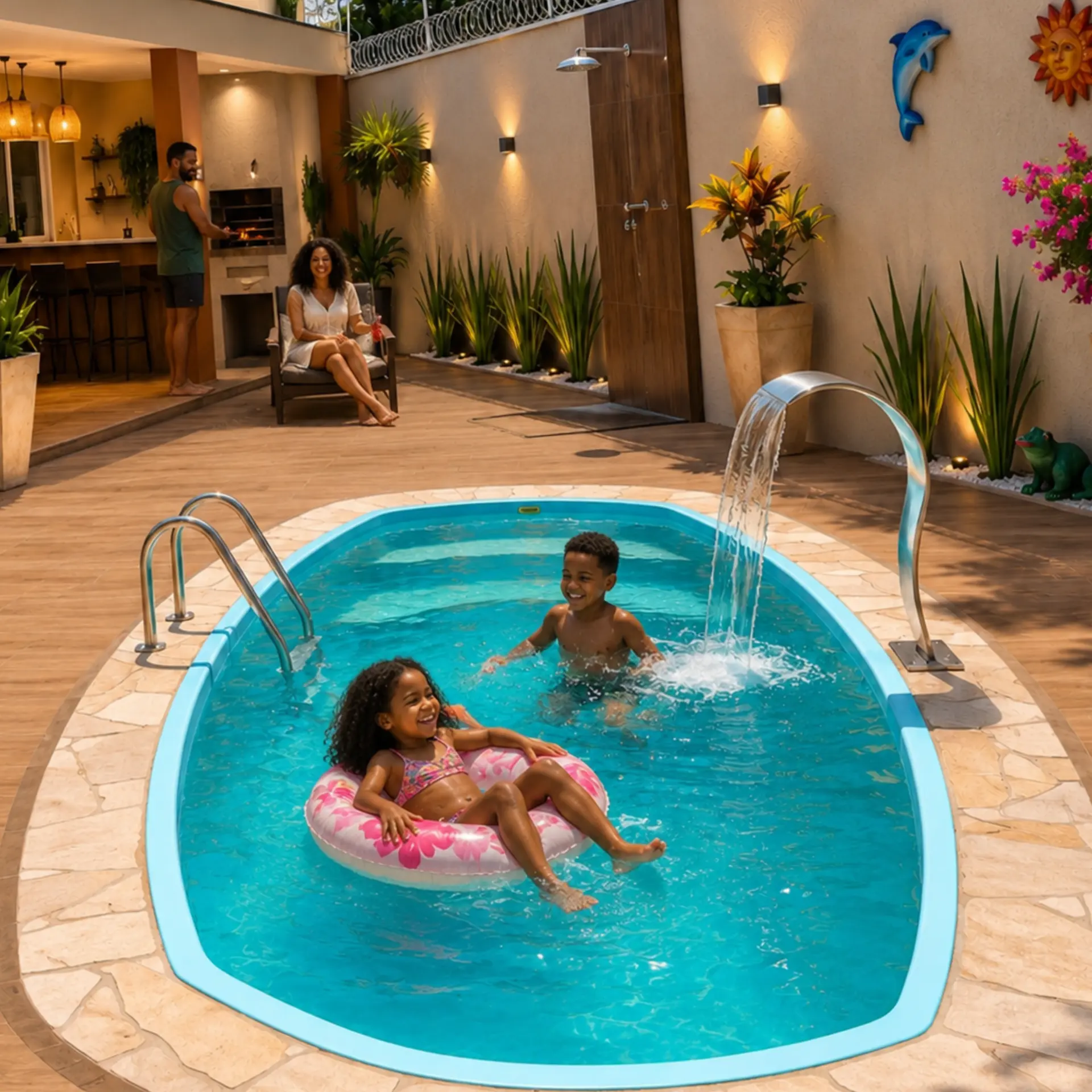 Crianças brincando na piscina em dia de sol